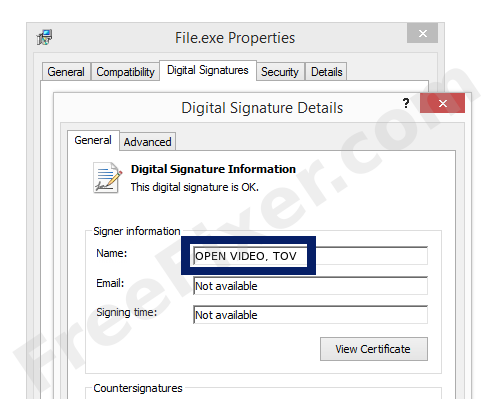 Screenshot of the OPEN VIDEO, TOV certificate